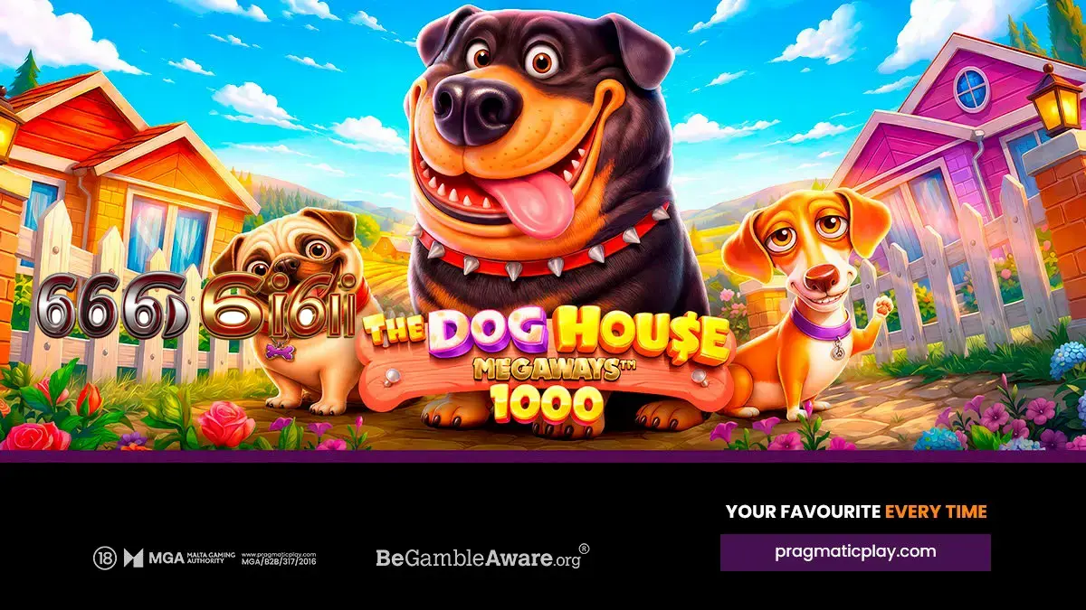 Tampilan visual ceria dari permainan slot The Dog House Megaways 1000 dengan elemen anjing dan simbol multiplier.